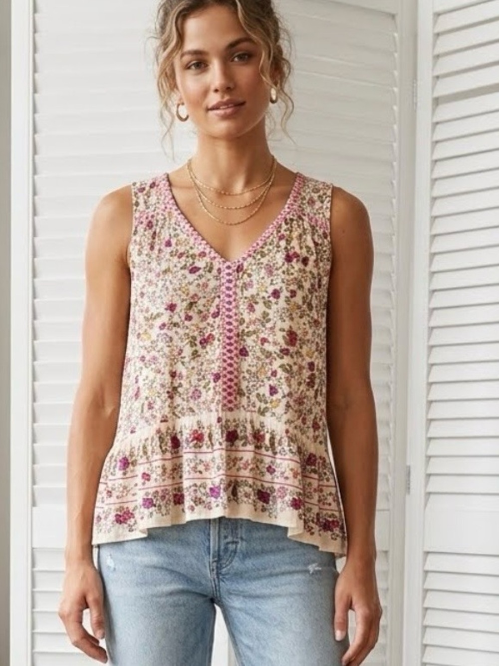 Patrons of Peace Floral Braided V-neck Peplum Tank Top Size Medium
